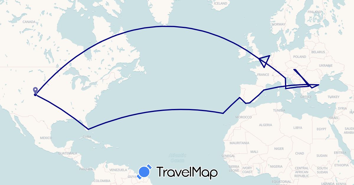 TravelMap itinerary: driving in Austria, Bulgaria, Spain, France, United Kingdom, Italy, Netherlands, Portugal, Slovakia, United States (Europe, North America)
